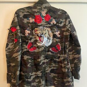 Camouflage Jacket with Tiger and Rose Embroidery Handmade